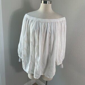 Old Navy Womens Plus XXL Off The Shoulder Embroidered Blouse Tassel Tie Cuff Top